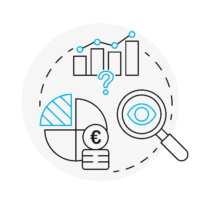 	Icon zum Schmerzpunkt fehlender Überblick: Balkendiagramm mit Fragezeichen, Budget-Kreisdiagramm und Lupe mit Auge