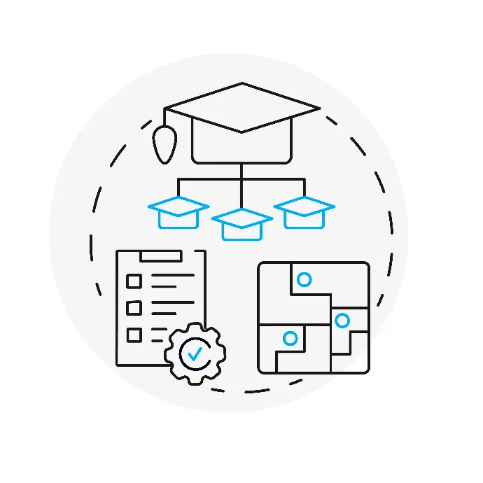 	Icon Ebene 1 – Der Stadtplan: hierarchische Wissensstruktur mit Abschlusshüten, Checkliste und Grundriss mit Datenpunkten
