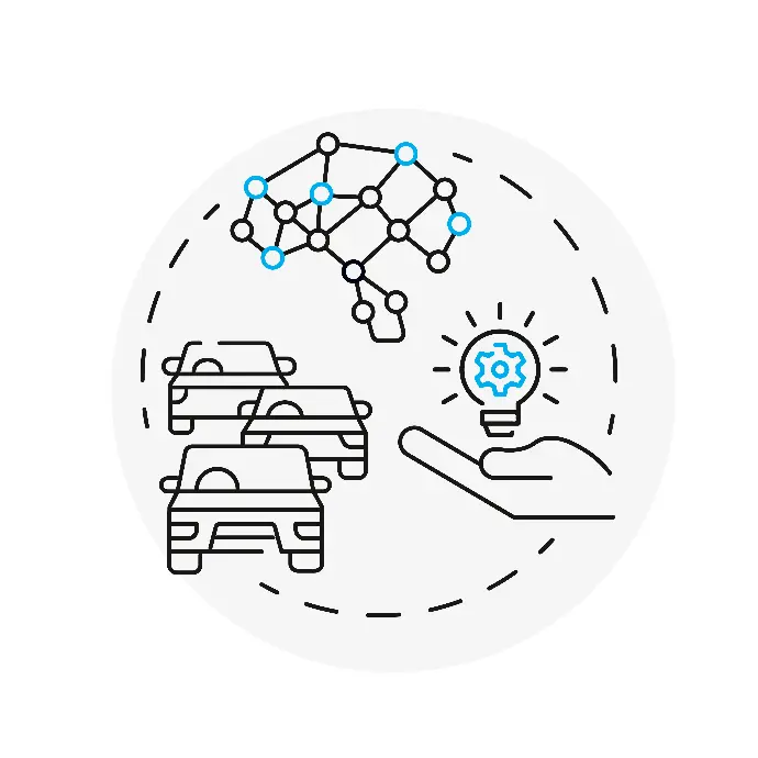 Icon Ebene 3 – Das Navigationssystem: vernetzter Wissensgraph über einem Verkehrsstau, Glühbirne mit Zahnrad als Empfehlungssymbol