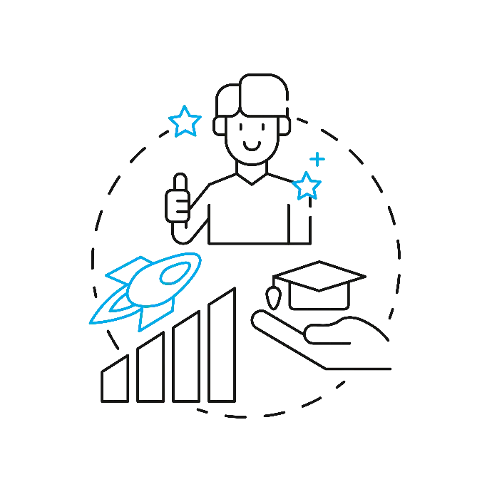 Icon USP: Person mit Daumen hoch, Rakete, wachsender Balken, Abschlusshut und Sterne als Erfolgssymbole